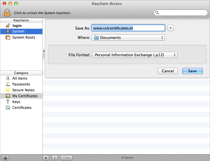 Mac OS X - Importeren en exporteren SSL Certificaat naar .pfx bestand